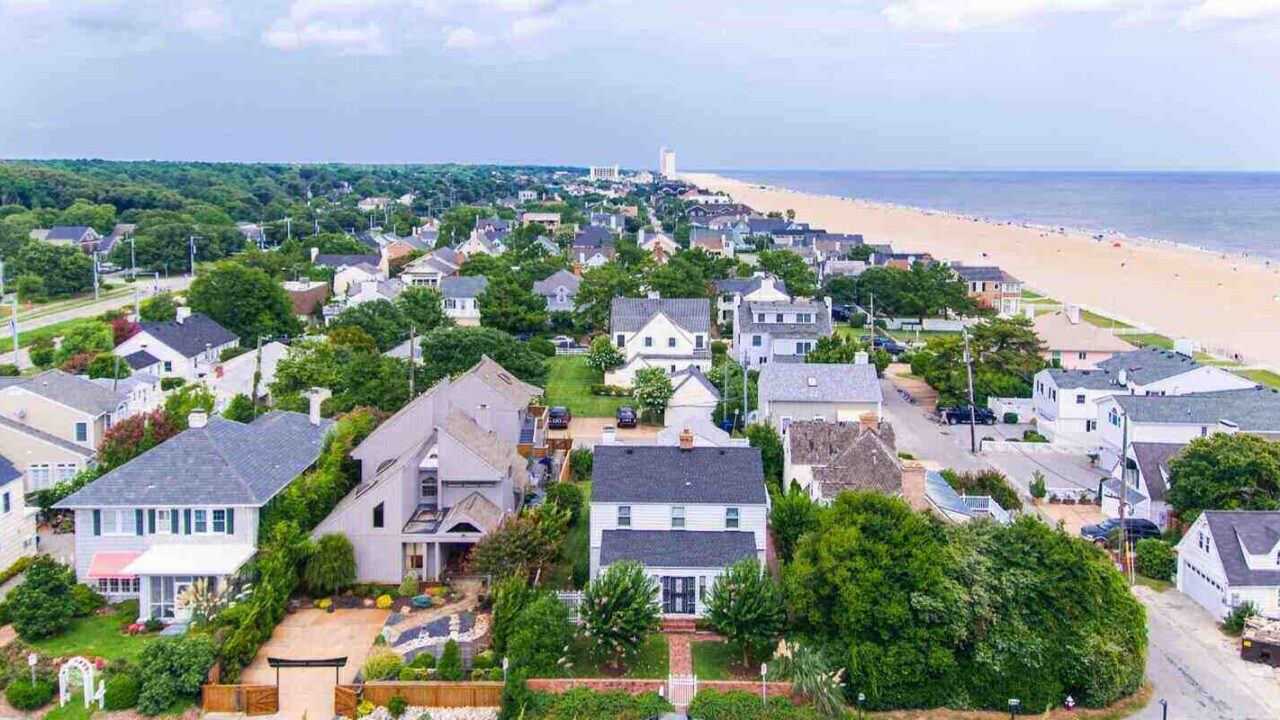 view of virginia beach homes and beach from the sky