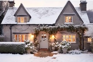 country cottage decorated for Christmas on a snowy winter day
